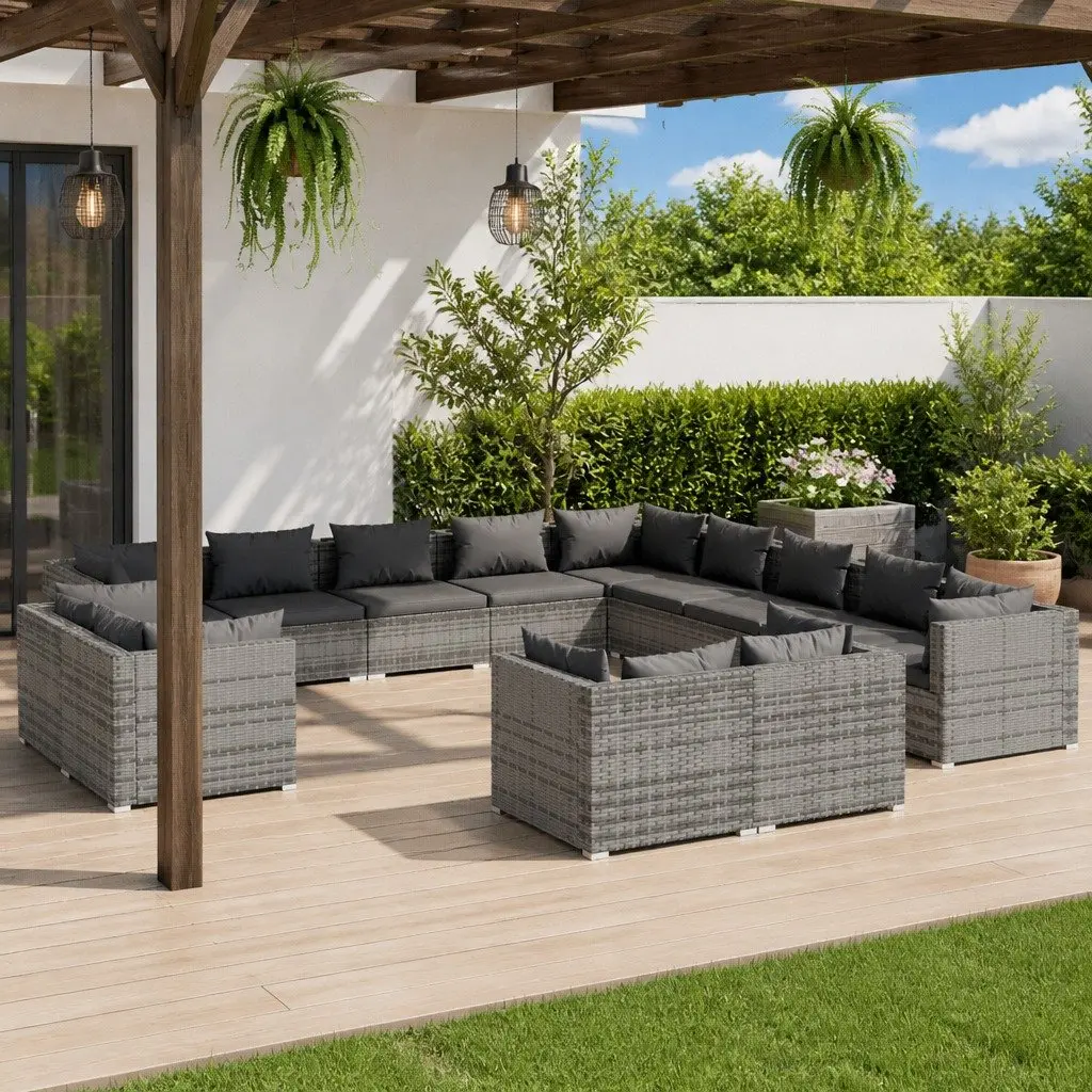13 Piece Garden Lounge Set Outdoor Furniture Grey Poly Rattan with Cushions