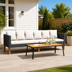 3-Seater Black Poly Rattan Sofa with Comfortable Cushions