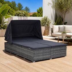 2-Person Sunbed Lounger: Grey, PE Rattan, Adjustable Canopy