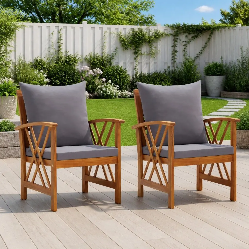 Garden Chairs Set 2 pcs Outdoor Patio Furniture Solid Acacia Wood with Cushions