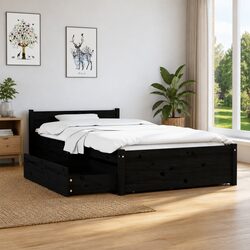 Single 90x190 cm Black Wooden Bed Frame with Drawers