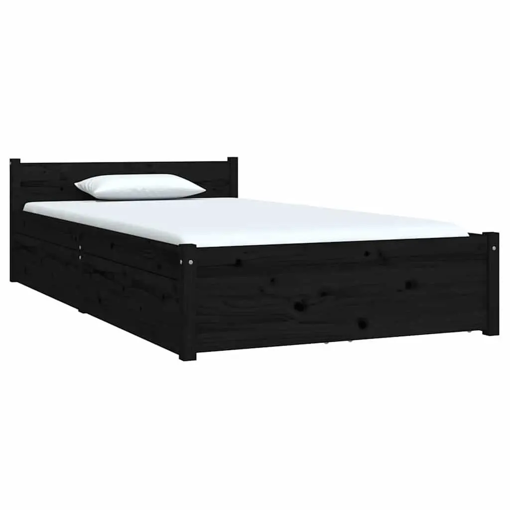 Single 90x190 cm Black Wooden Bed Frame with Drawers