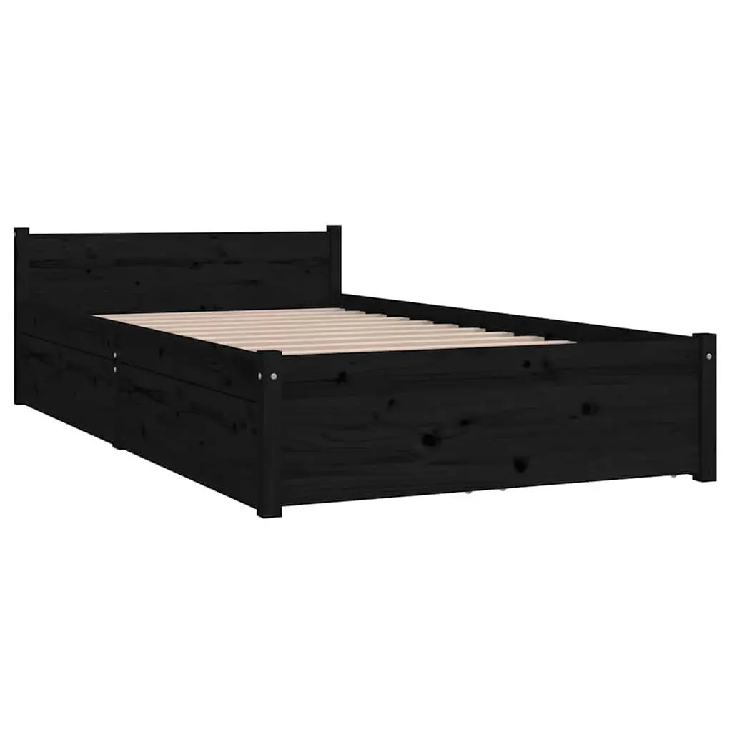 Single 90x190 cm Black Wooden Bed Frame with Drawers