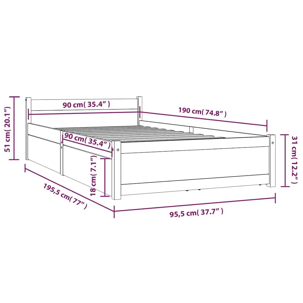 Single 90x190 cm Black Wooden Bed Frame with Drawers