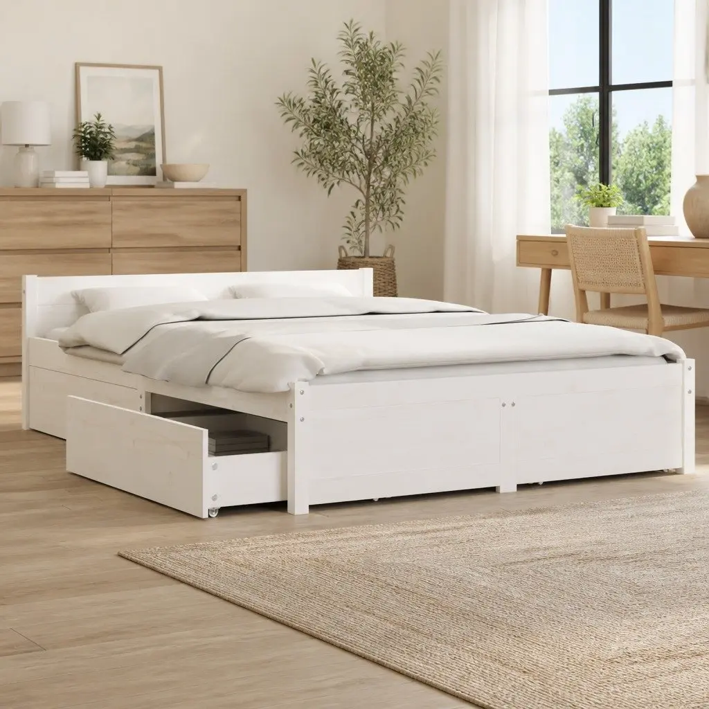 Wooden Bed Frame with Storage Drawers for Bedroom 150x200 cm White
