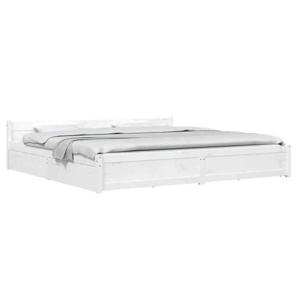 King Bed Frame with Storage Drawers Wooden Slats White 183x203 cm Modern