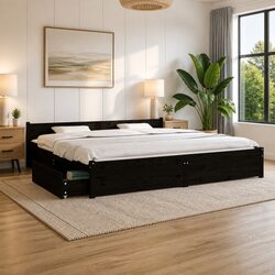 King Bed Frame Specifications: Black Wooden Slats 183x203 cm