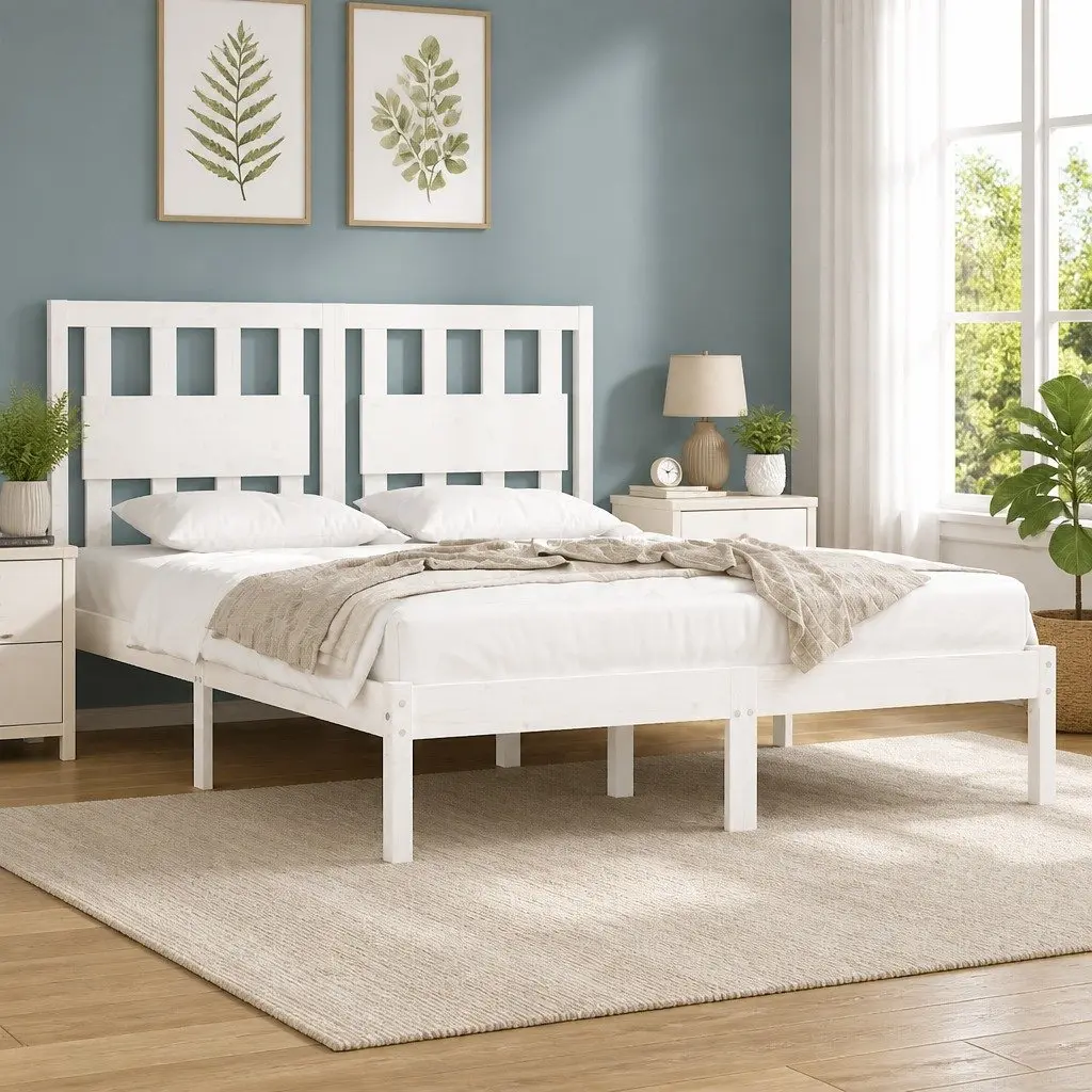 King Bed Frame 183x203 cm White Solid Wood Bedroom Furniture Headboard