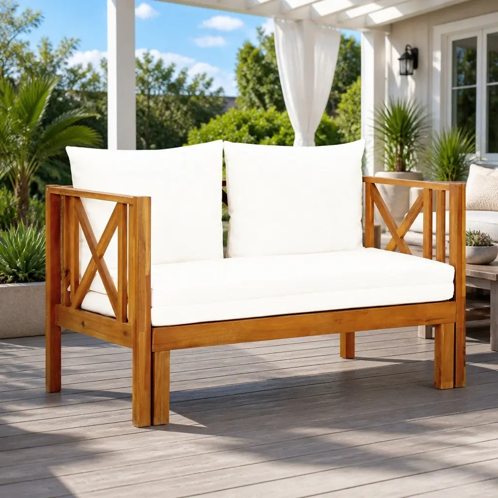 2-Seater Garden Bench Daybed Indoor Outdoor Solid Acacia Wood Cream