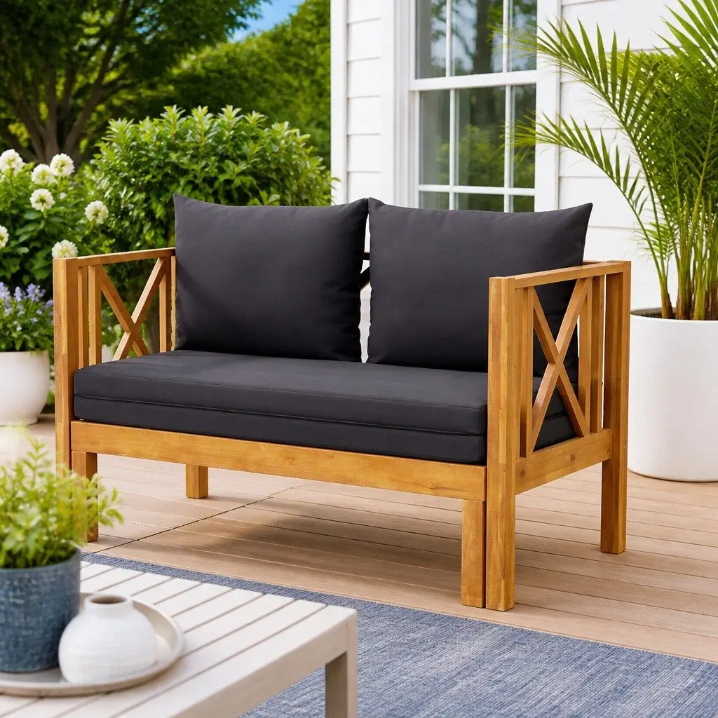 2-Seater Garden Bench Indoor Outdoor Solid Acacia Wood Daybed with Cushions