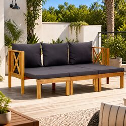 Garden Bench 3-Seater Outdoor Daybed Solid Wood with Cushions Grey 179cm