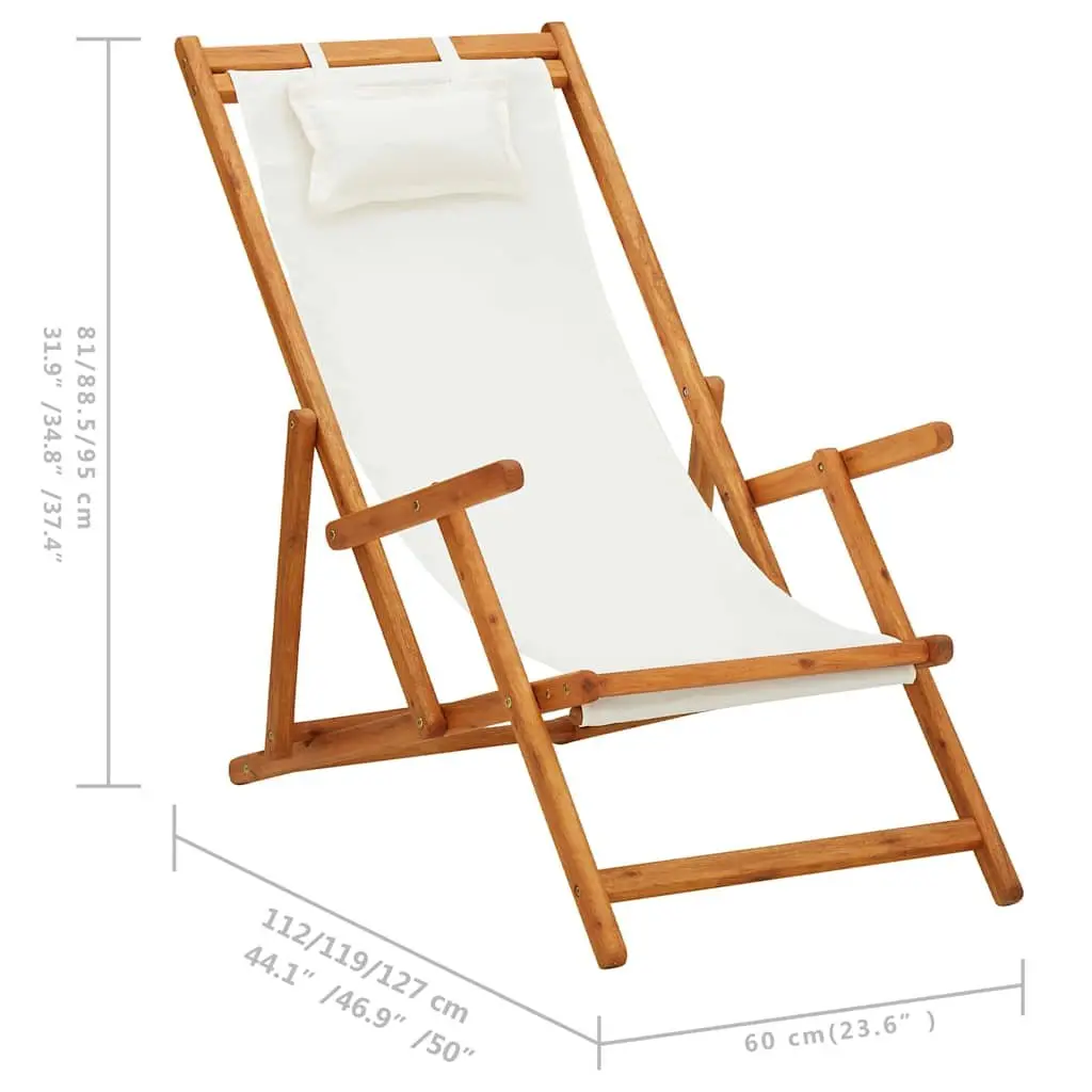 Folding Beach Chair Cream Fabric Reclining Outdoor Garden Patio Lounge Seat