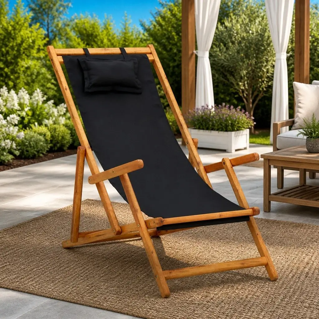 Folding Beach Chair Outdoor Wooden Reclining Lounge Seat Black