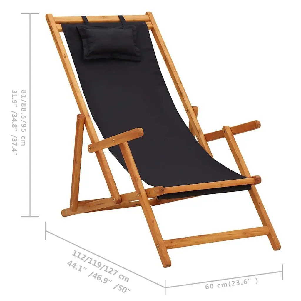 Folding Beach Chair Outdoor Wooden Reclining Lounge Seat Black