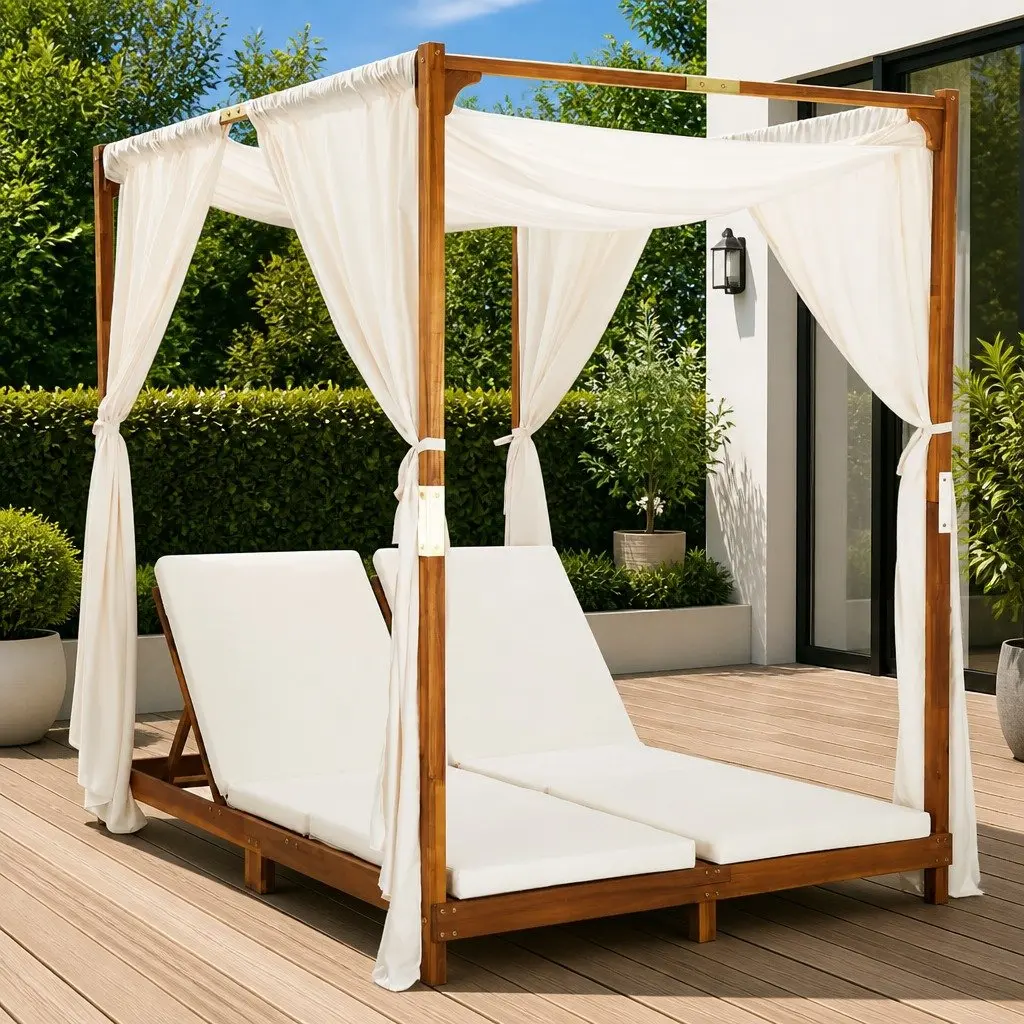 Double Sun Lounger Solid Acacia Wood Garden Patio Furniture Cream Cushions