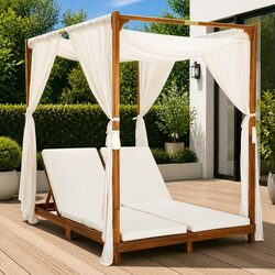 Double Sun Lounger: Solid Acacia Wood & Cream Cushions