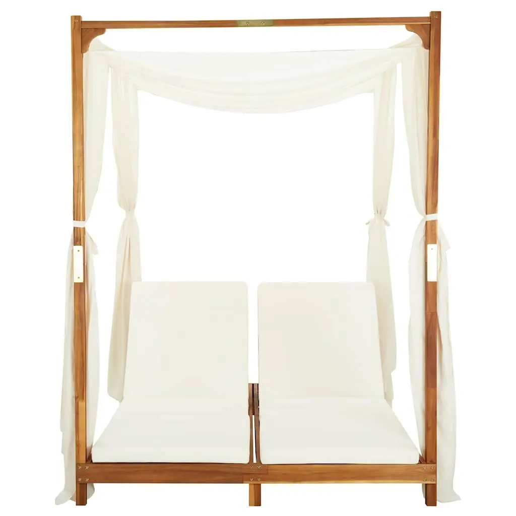 Double Sun Lounger Solid Acacia Wood Garden Patio Furniture Cream Cushions