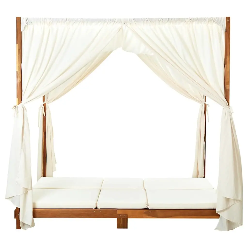 Double Sun Lounger Solid Acacia Wood Garden Patio Furniture Cream Cushions