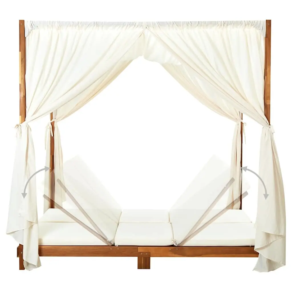 Double Sun Lounger Solid Acacia Wood Garden Patio Furniture Cream Cushions