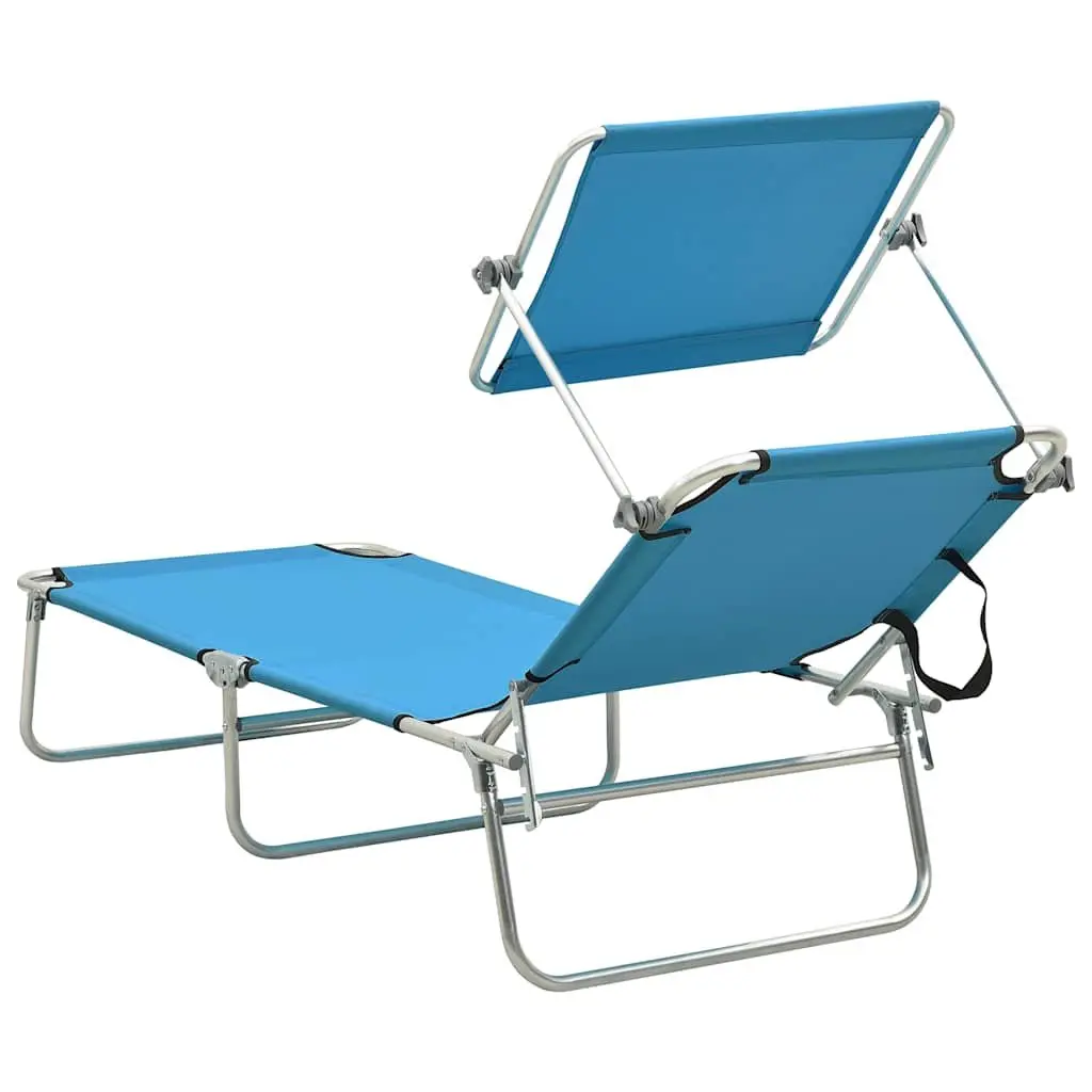 Folding Sun Lounger with Adjustable Canopy Steel Frame Outdoor Sunbed Turquoise