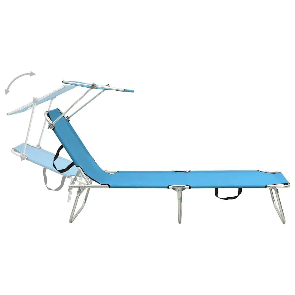 Folding Sun Lounger with Adjustable Canopy Steel Frame Outdoor Sunbed Turquoise