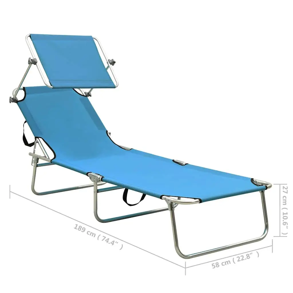 Folding Sun Lounger with Adjustable Canopy Steel Frame Outdoor Sunbed Turquoise
