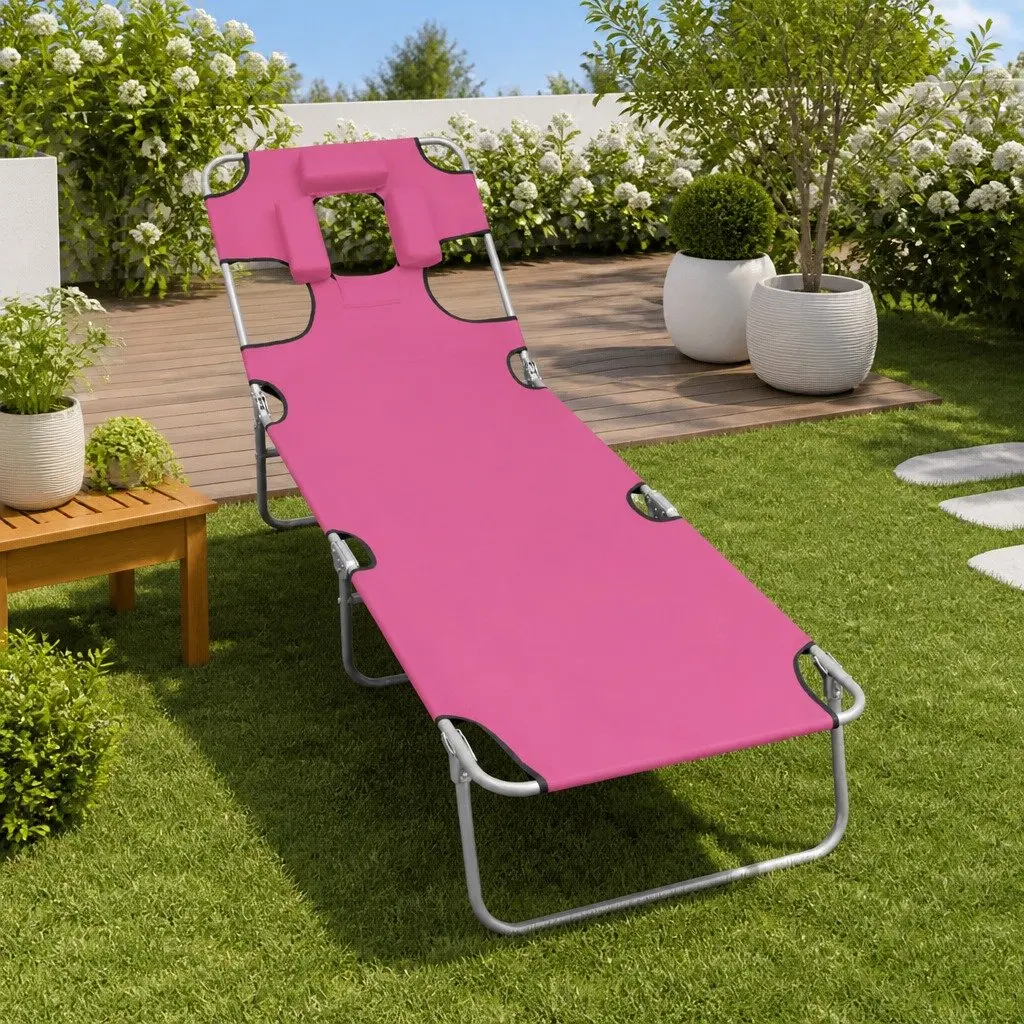 Sun Lounger Outdoor Garden Beach Adjustable Backrest Head Cushion Folding Daybed