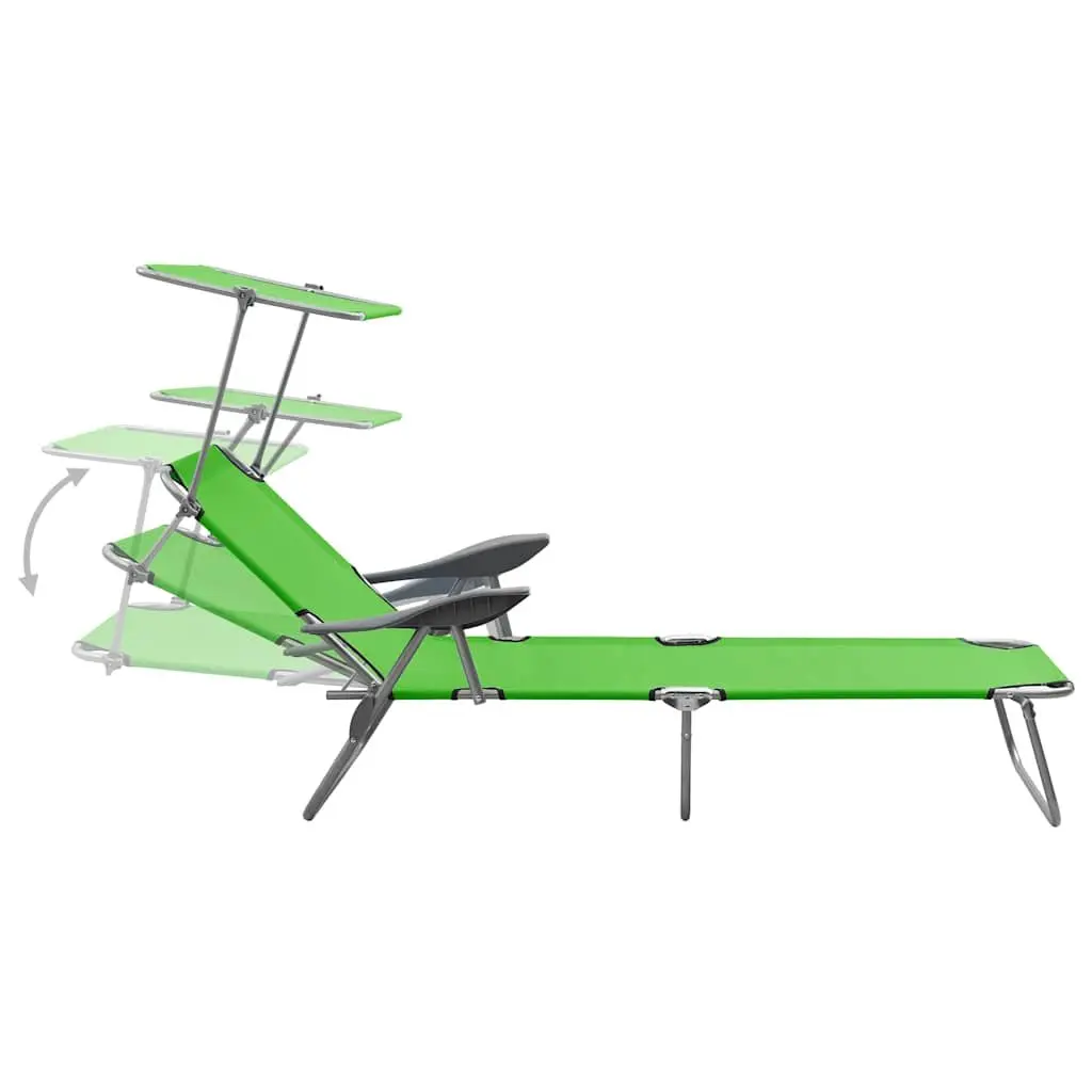 Sun Lounger with Canopy Adjustable Backrest Foldable Beach Lounge Chair Green
