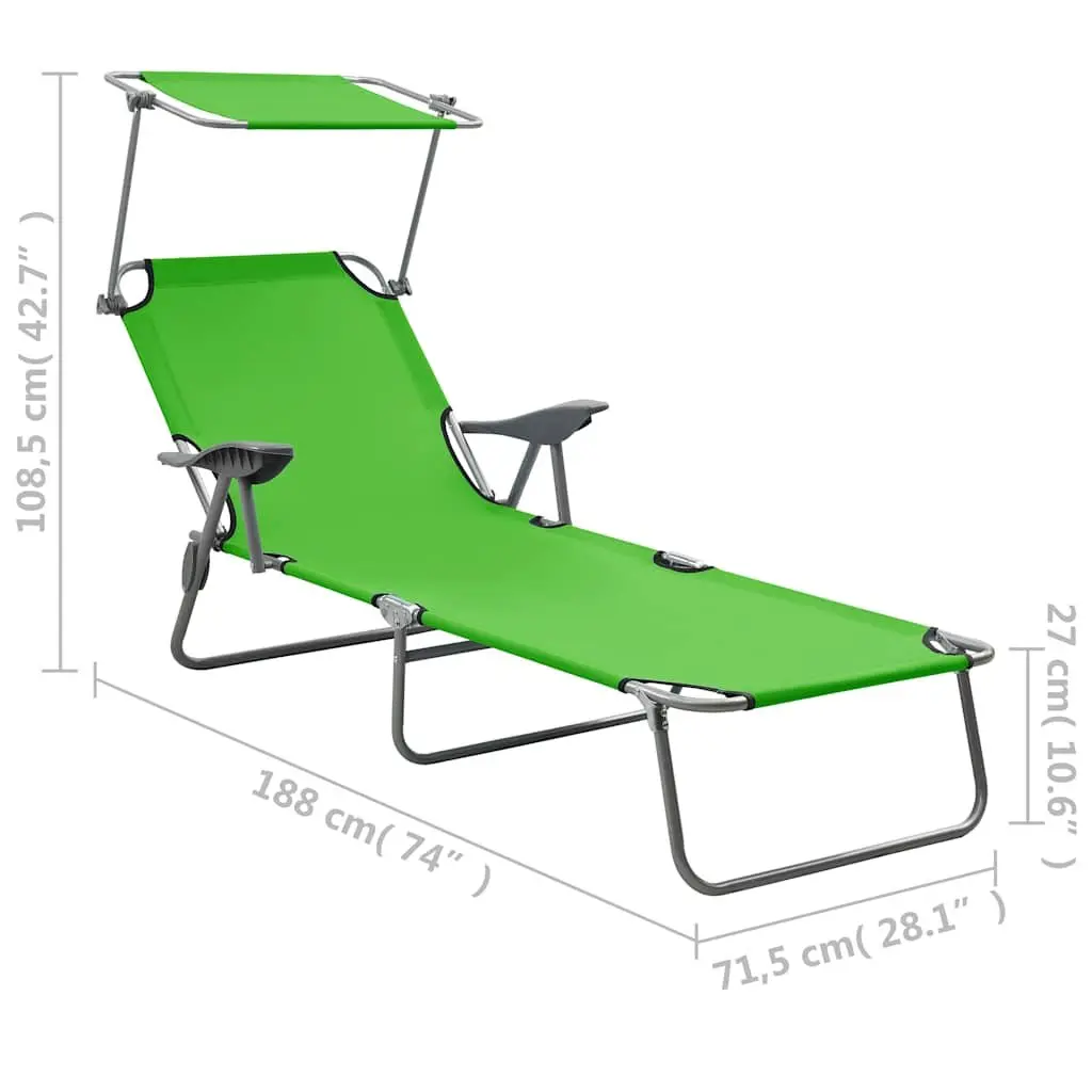 Sun Lounger with Canopy Adjustable Backrest Foldable Beach Lounge Chair Green