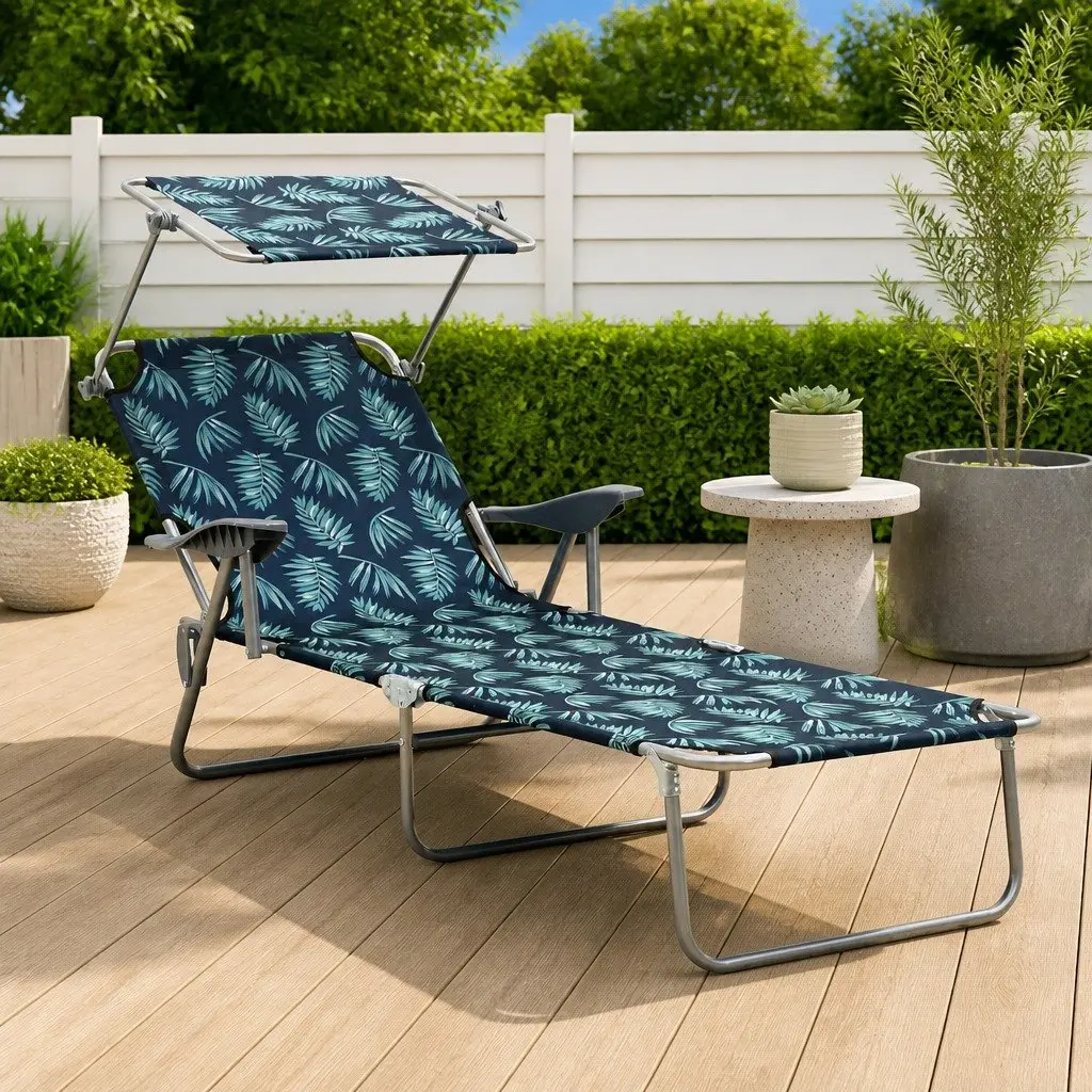 Sun Lounger with Canopy for Beach Garden Adjustable Backrest Foldable Green