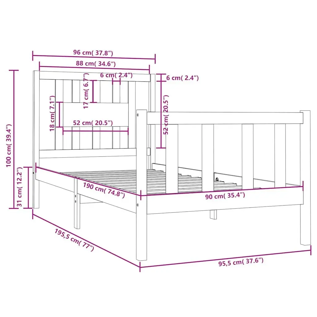 Black Solid Wood Bed Frame 90x190 cm