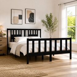 135x190 cm Black Bed Frame Made of Solid Pine Wood