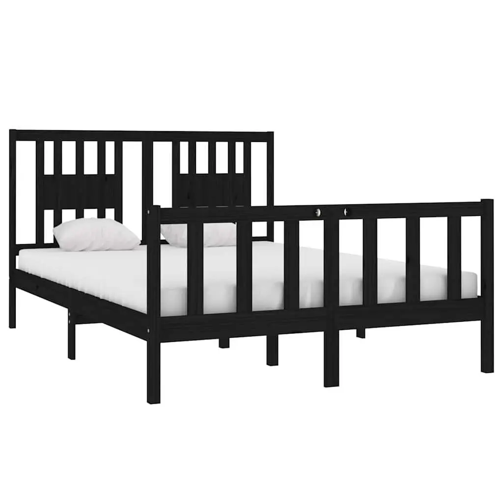 Bed Frame Bedroom 135x190 cm Black Solid Wood with Headboard Slats