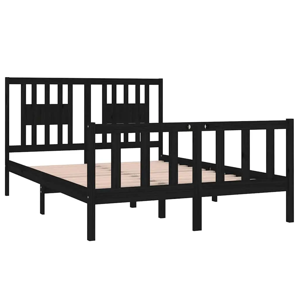 Bed Frame Bedroom 135x190 cm Black Solid Wood with Headboard Slats