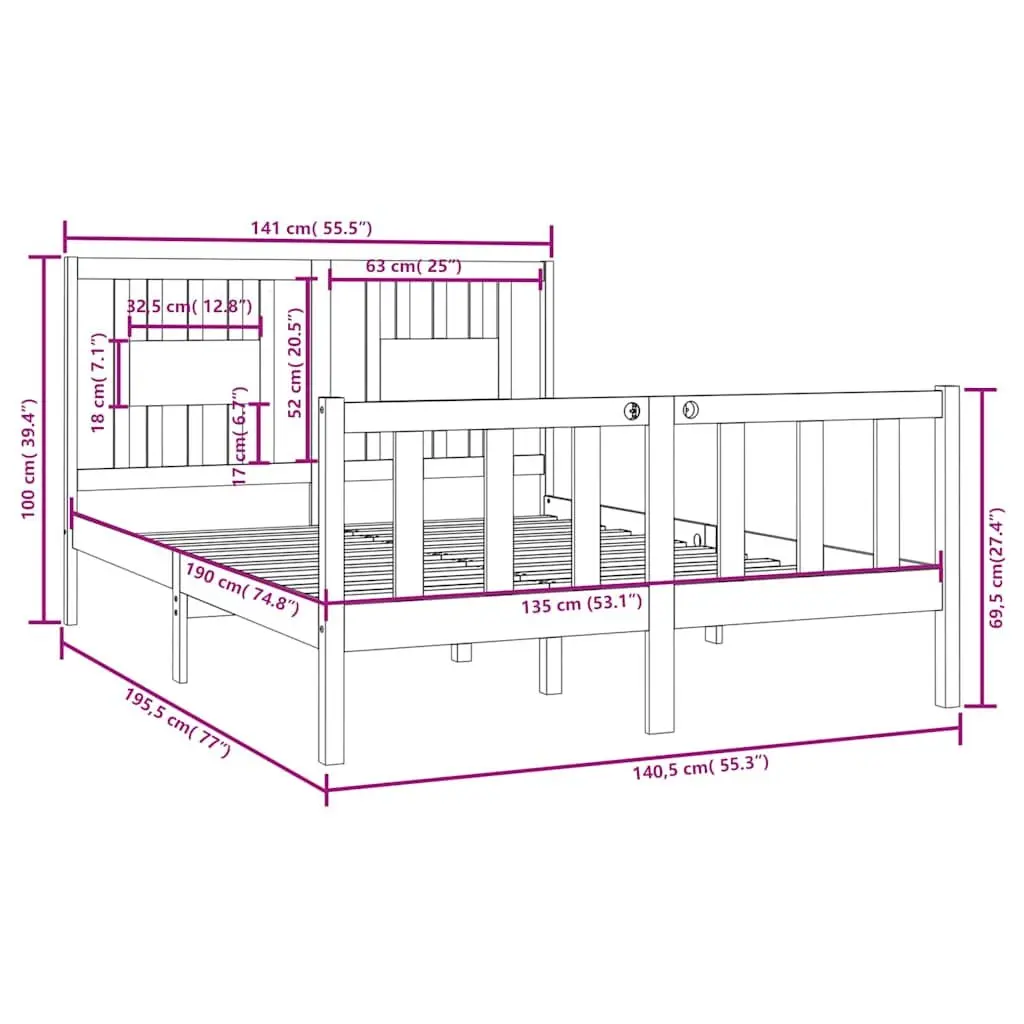 Bed Frame Bedroom 135x190 cm Black Solid Wood with Headboard Slats