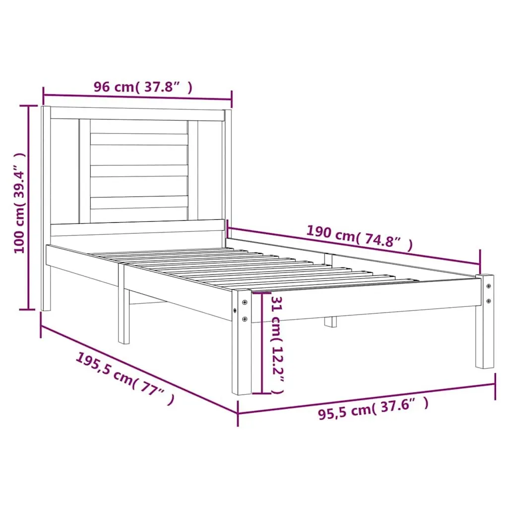 90x190 cm White Solid Pine Wood Bed Frame with Headboard