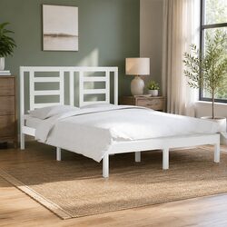 150x200 cm White Bed Frame - Solid Pine Wood Headboard