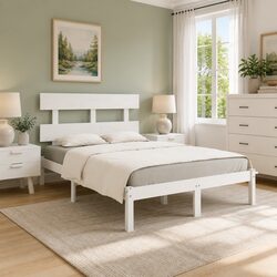 King Bed Frame Specifications: White Solid Pine Wood 183x203 cm