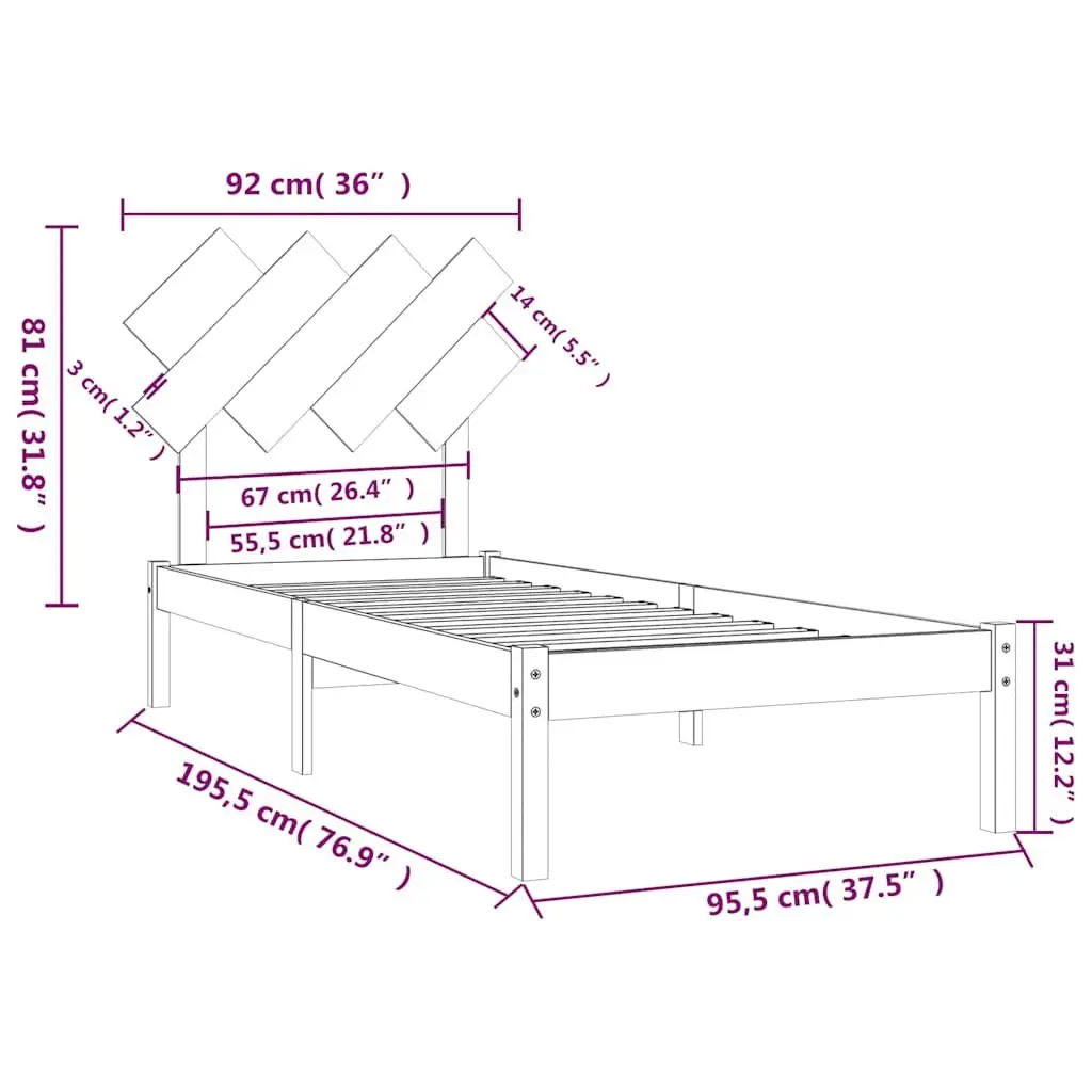 90x190 cm White Bed Frame in Solid Pine Wood with Slats