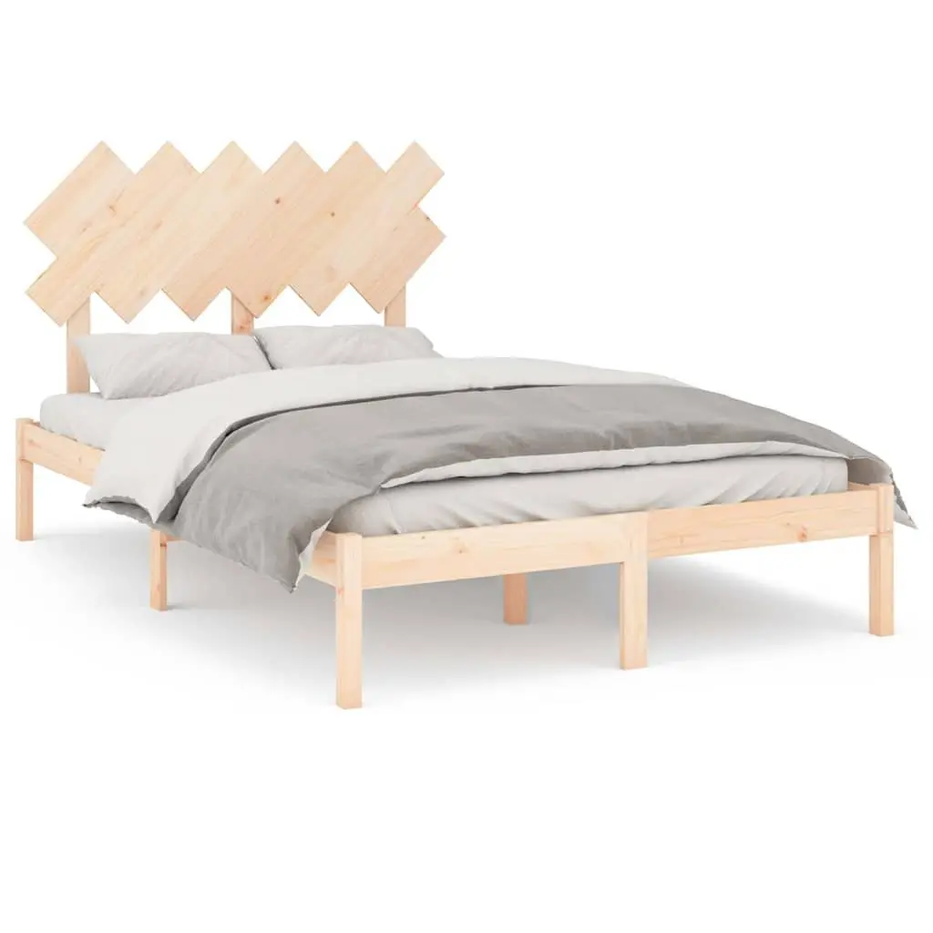 Solid Wood Bed Frame 135x190 cm Brown Wooden Bedroom Furniture Slats Headboard