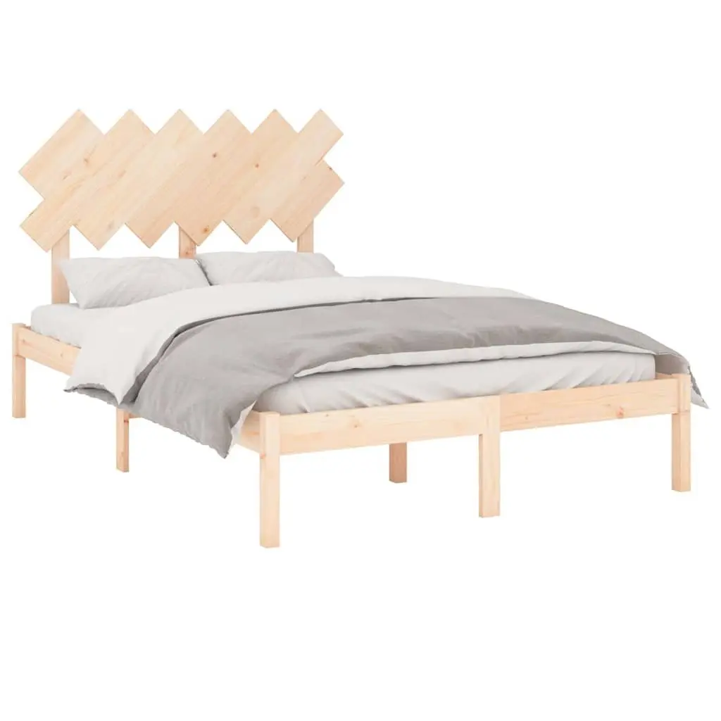 Solid Wood Bed Frame 135x190 cm Brown Wooden Bedroom Furniture Slats Headboard