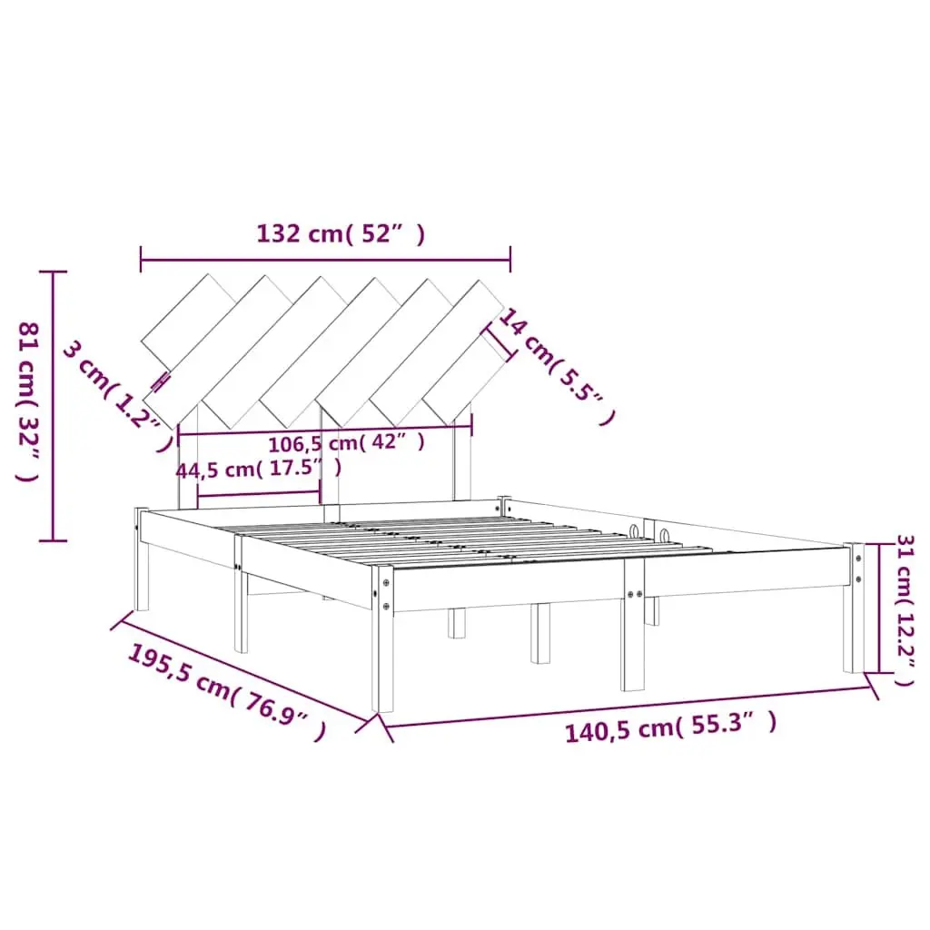 Solid Wood Bed Frame 135x190 cm Brown Wooden Bedroom Furniture Slats Headboard