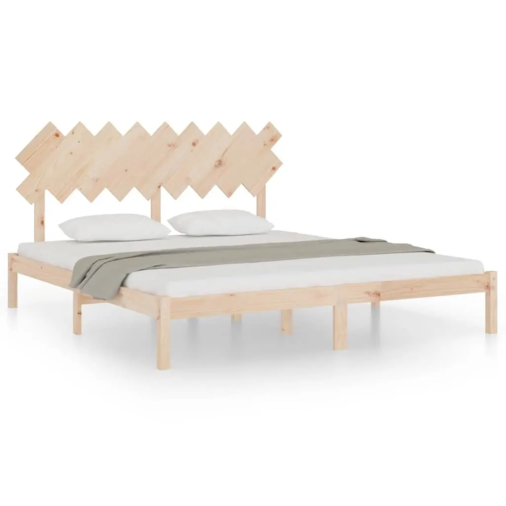King Bed Frame Solid Pine Wood Slats Headboard Bedroom Furniture 183x203cm Brown