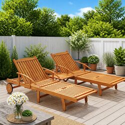 Wooden Sun Lounger Set: 2 Loungers and 1 Table Included