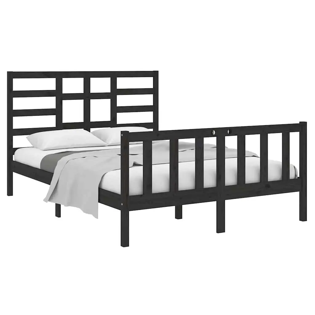 Bed Frame Black Solid Wood Bedroom 135x190 cm