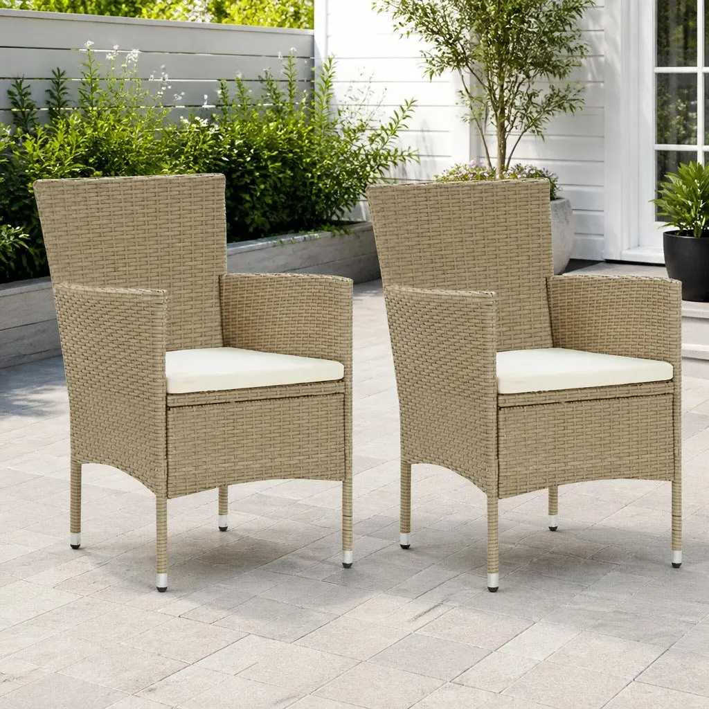 Outdoor Dining Chairs Garden Patio 2 Piece Beige Poly Rattan with Cushion