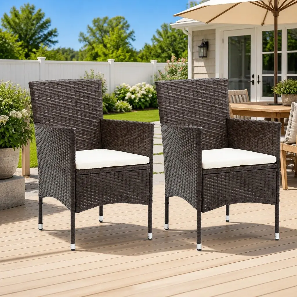 Outdoor Dining Chairs Set 2 pcs Garden Seating PE Rattan Brown Patio Furniture