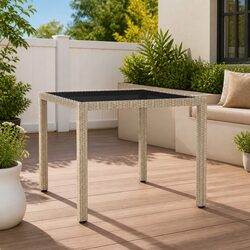 Garden Table Outdoor Patio Furniture Poly Rattan Beige 90x90x75cm Tempered Glass