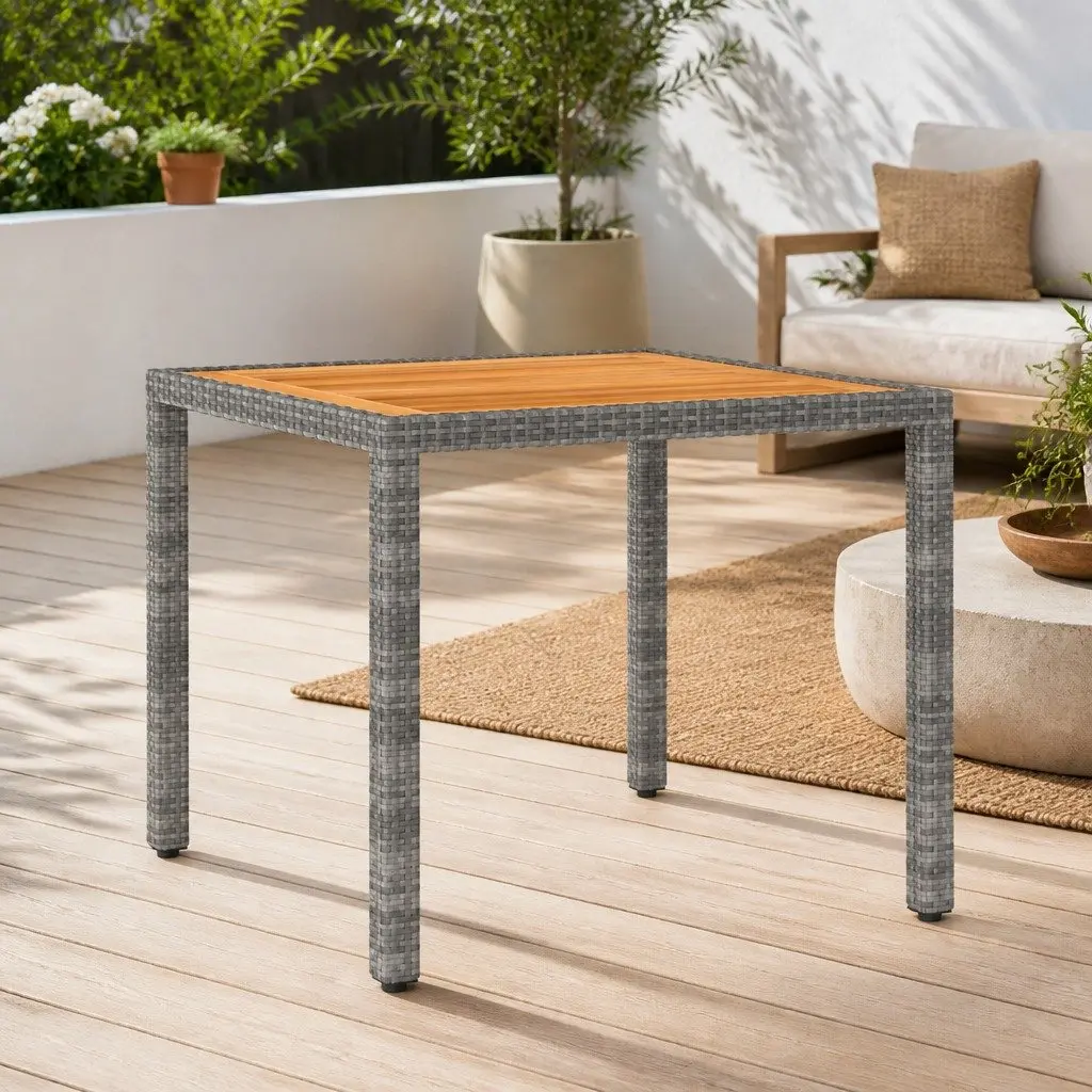 Garden Table Outdoor Patio 90x90x75cm Grey Poly Rattan Steel Frame