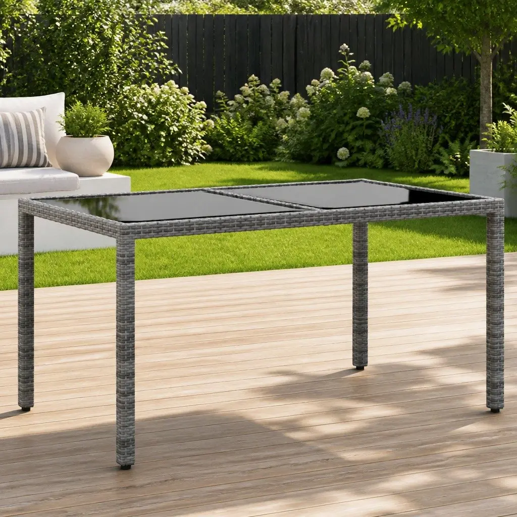 Garden Table 150x90x75 cm Outdoor Patio Dining Tempered Glass Poly Rattan Grey